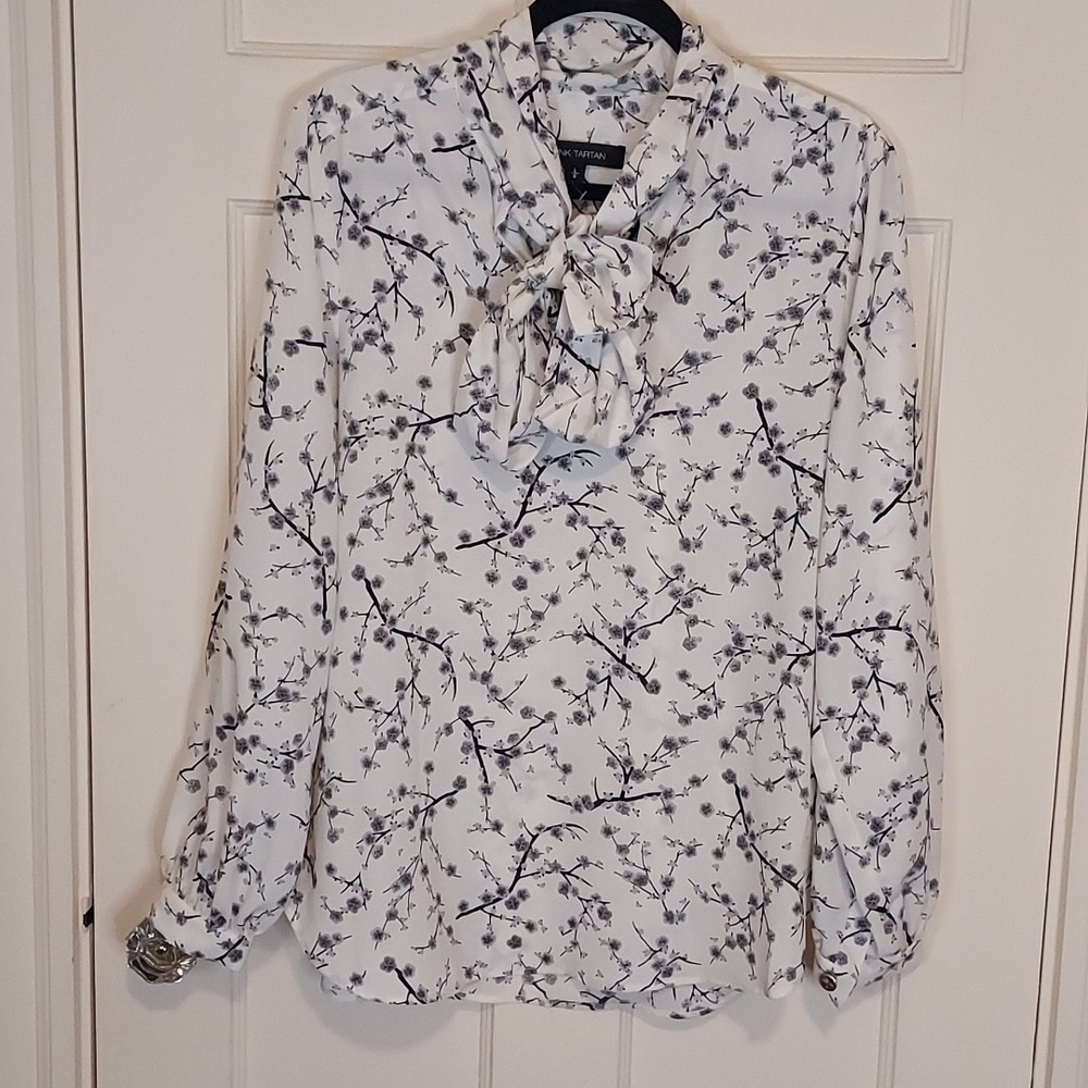Pink Tartan Cherry Blossom Tie Neck Blouse